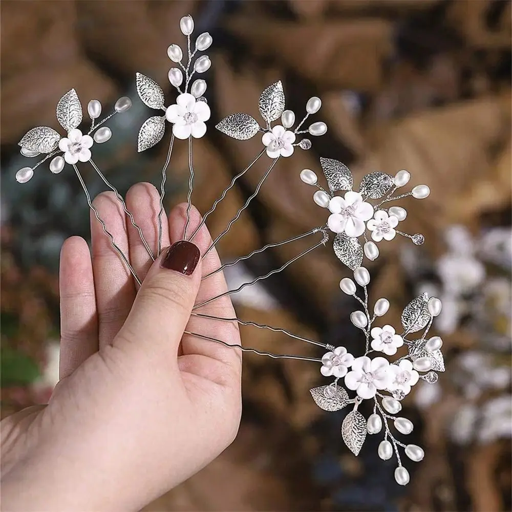 5pcs/set Elegant Flower Pearl Bridal Hair Accessories Chinese Style Frosted Bridal Hairpin Set Retro Handmade Hair Fork image 4
