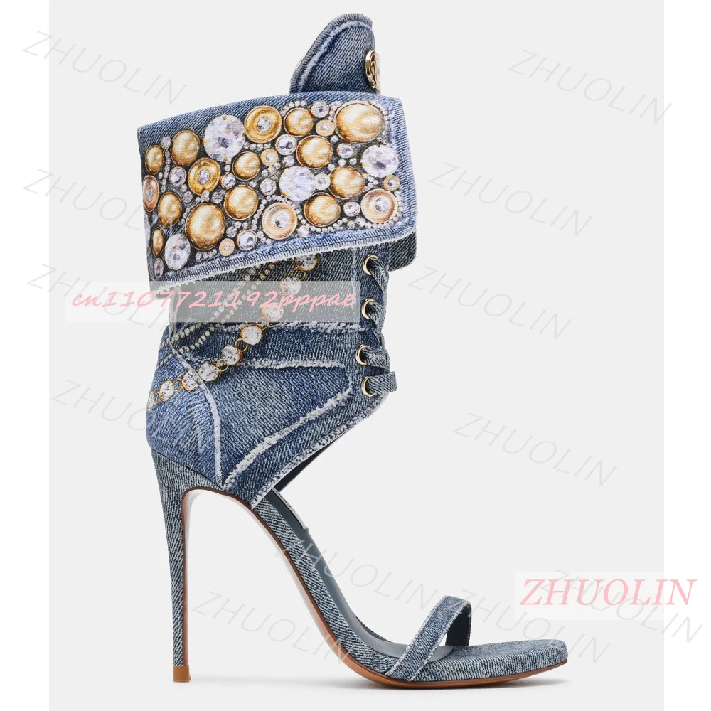 Women Blue Denim Rhinestone Sandals Lace Up Ankle Cuff Stiletto High Heels Open Toe Party Shoes Fashion Footwear EU Sizes Trendy view 2