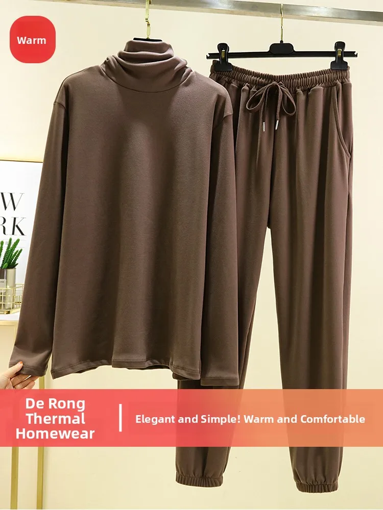 Men's High Collar Thermal Shirt Thickened Leisure Sweatshirt Home Sleepwear Two-Piece Set Winter Long Sleeve Pants for Casual