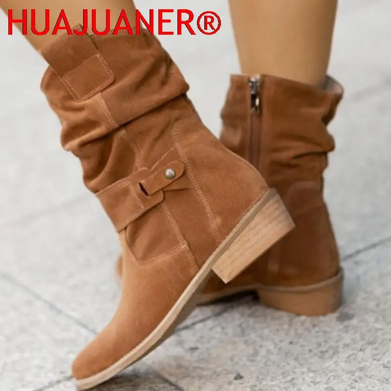 

2026 Summer Cowboy Boots For Women Large Size Suede Low Heels Round Head Metal Buckle Side Zipper Mid Boots Fashion Shoes