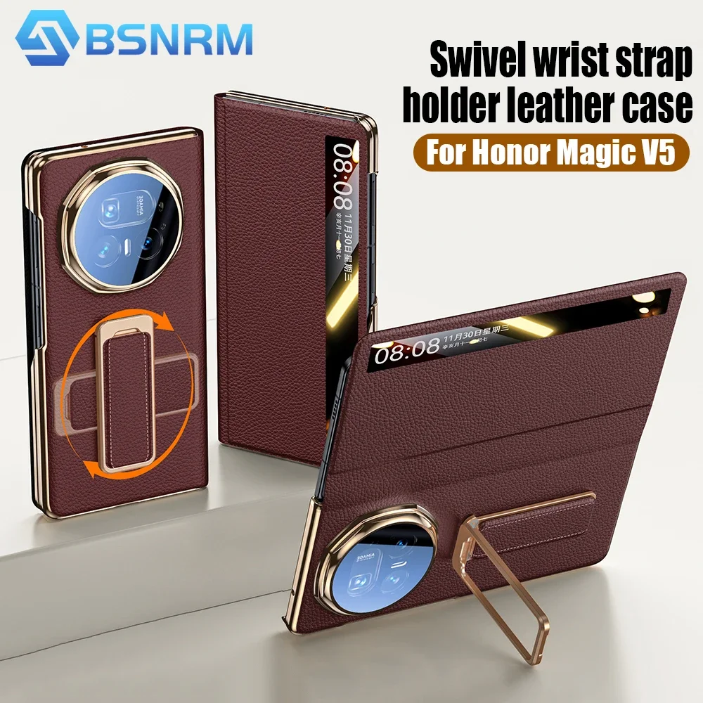 

Чехол для телефона Honor Magic V5, с защитой от магнитных шарниров, защитной пленкой для экрана и подставкой, роскошный кожаный противоударный чехол, красный