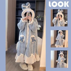Bow Robe for Women Sleepwear Nightdress Winter Night Wears Cute Fleece Pajama One Piece Nightgown Hooded Long Sleeve Homewear