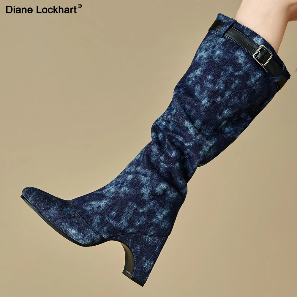

Women's Blue Denim Knee High Boots Square Toe Slip-on High Heels Women Shoes Sexy wedges Motorcycle Long Boots Woman Free Ship
