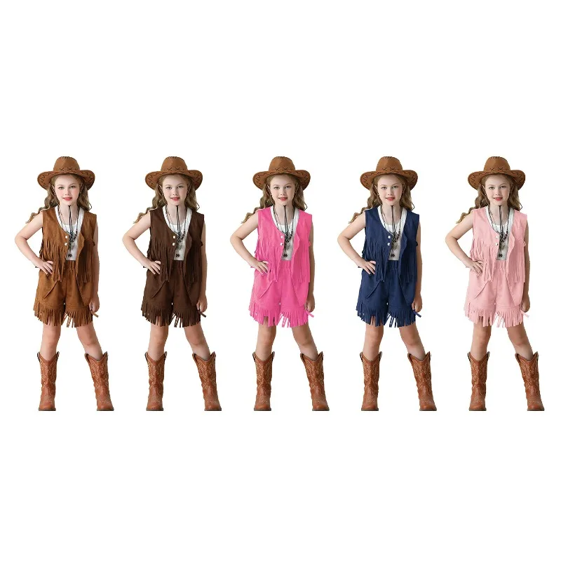 New Carnival Cosplay Costume Tassel Vest Deerskin Western Denim Shorts Theme Party Role Playing Outfit for 8 Years Old and Above view 6