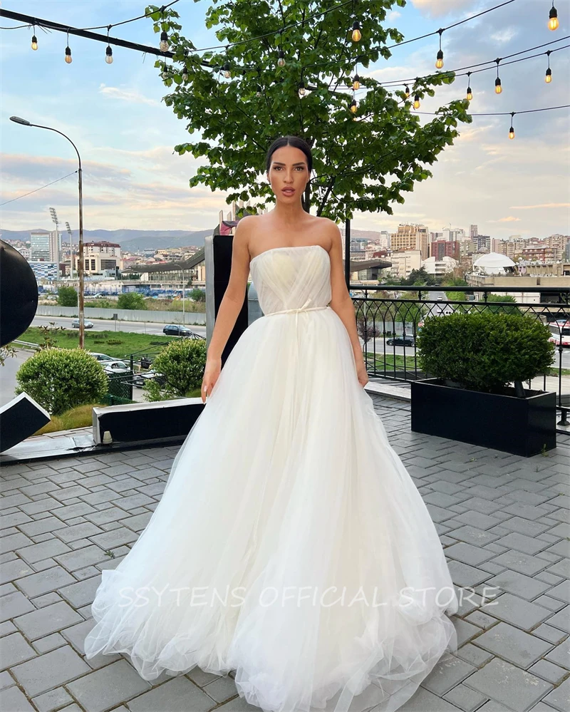 Vestidos de novia de tul sin tirantes para mujer, vestidos de novia informales hechos a medida, vestido de noche de playa para boda, más vendido