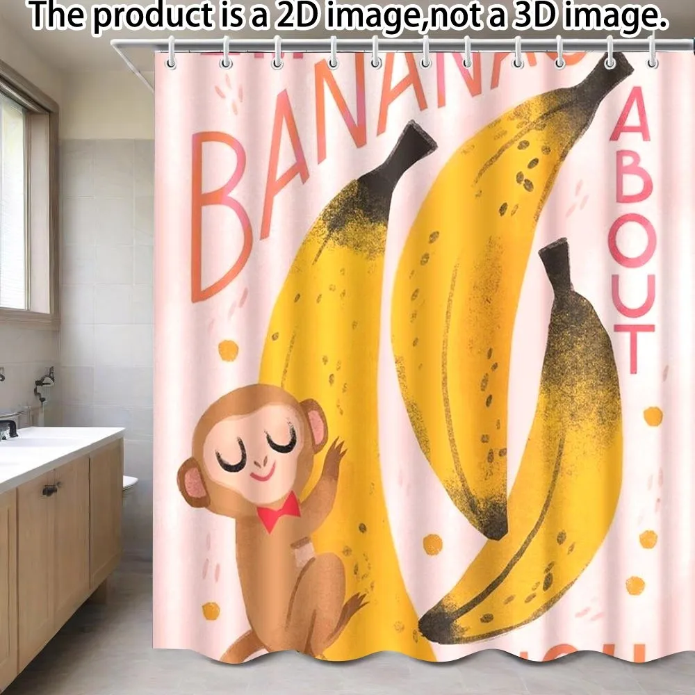 バナナシャワーカーテン-–-かわいい猿と巨大なバナナ、ピンクの背景、ポリエステル、71-x71-、12個のグロメット、手洗い