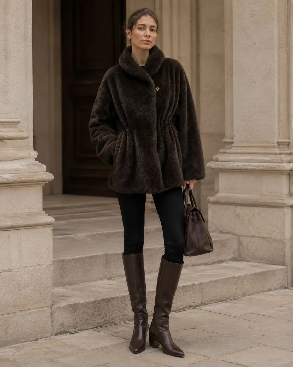 Women Faux Mink Fur Coats Solid Fur Jackets Cotton Linen Turn Down Collar Long Sleeves Single Breasted Cinched Waist 2026 Winter