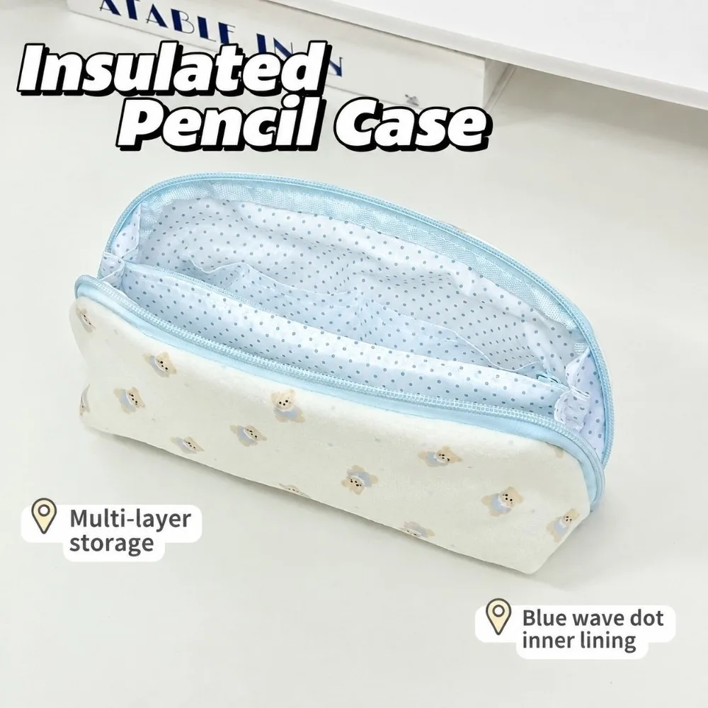 Durable Pencil Case Soft Fluffy Multi Compartment Pencil Pouch Large-Capacity Bear Print Pen Bag School Office
