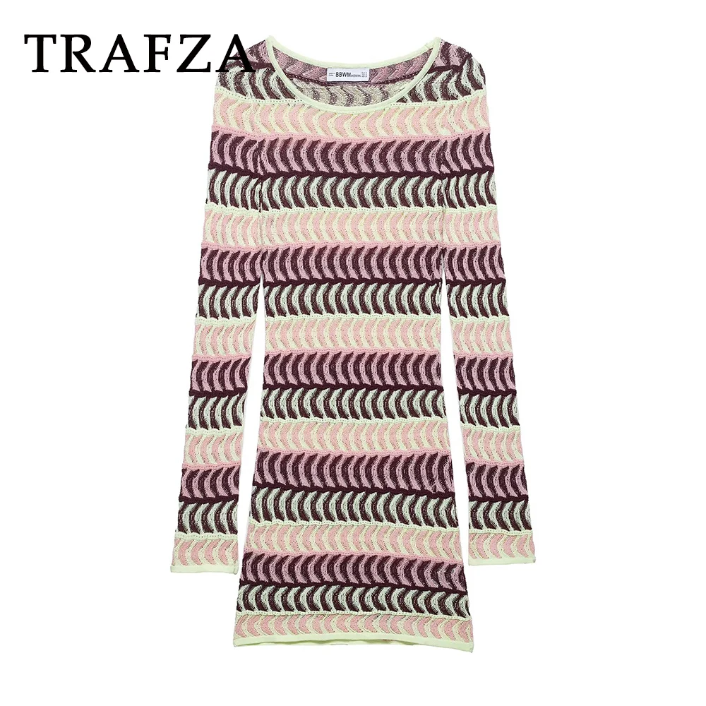 

TRAFZA Chic Striped Knitted Sheath Women Dress Fashion 2025 Summer O-Neck Long Sleeve Dress Holiday Elegant Female Long Vestido