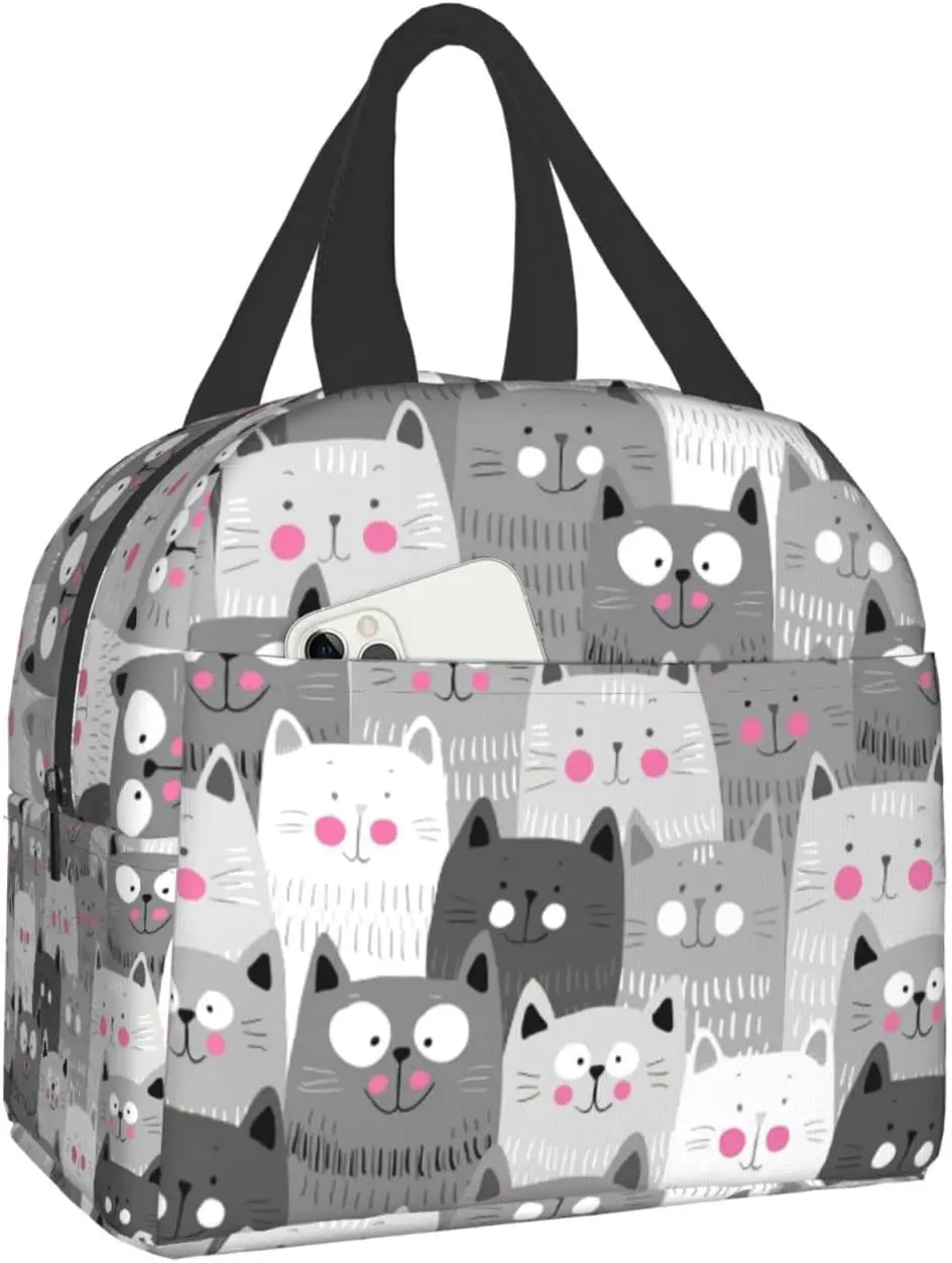 

Cute Cats Lunch Bag for Women Grey Insulated Lunch Box Durable Waterproof Cooler Tote Bag for Office Work Hiking Picnic