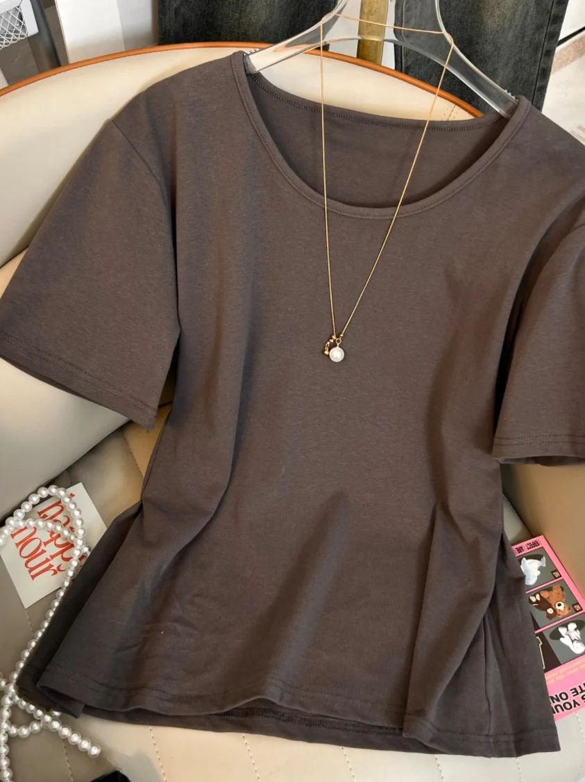 

Summer 2025 Women's Cotton T-irt oulder Width Regular ort Sve U-Ne Slim Fit Pure Color Youth Sle Faionable Top