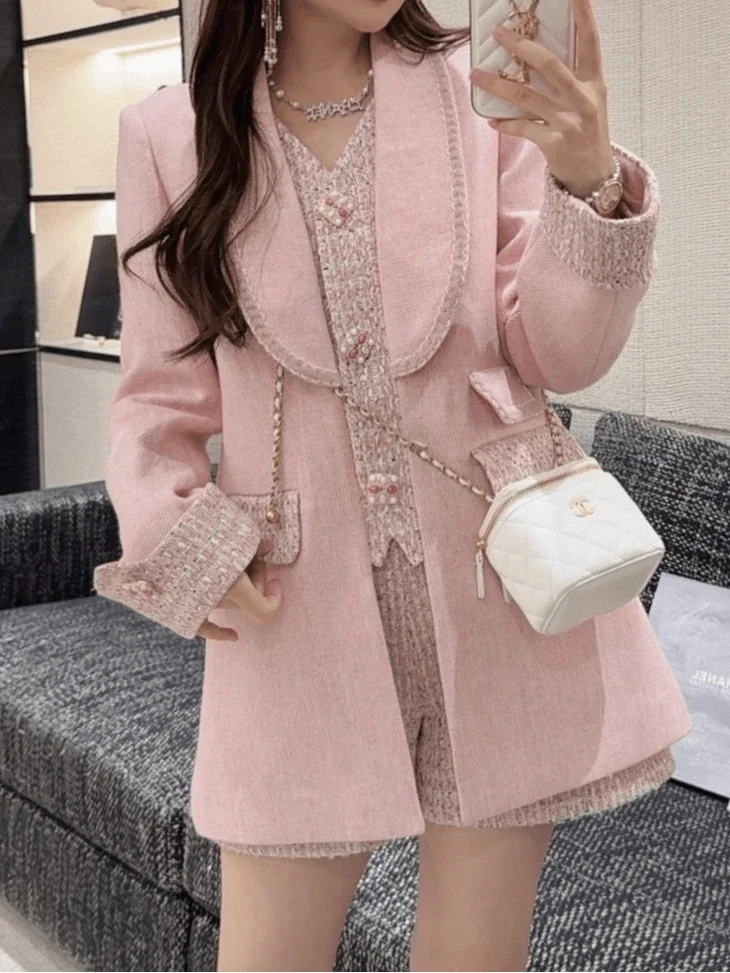 2024 Autumn Winter New Original Designer Pink Suit Blazer Coat Women Jacket Celebrity Light Luxury Splicing Fake Two-piece Suit