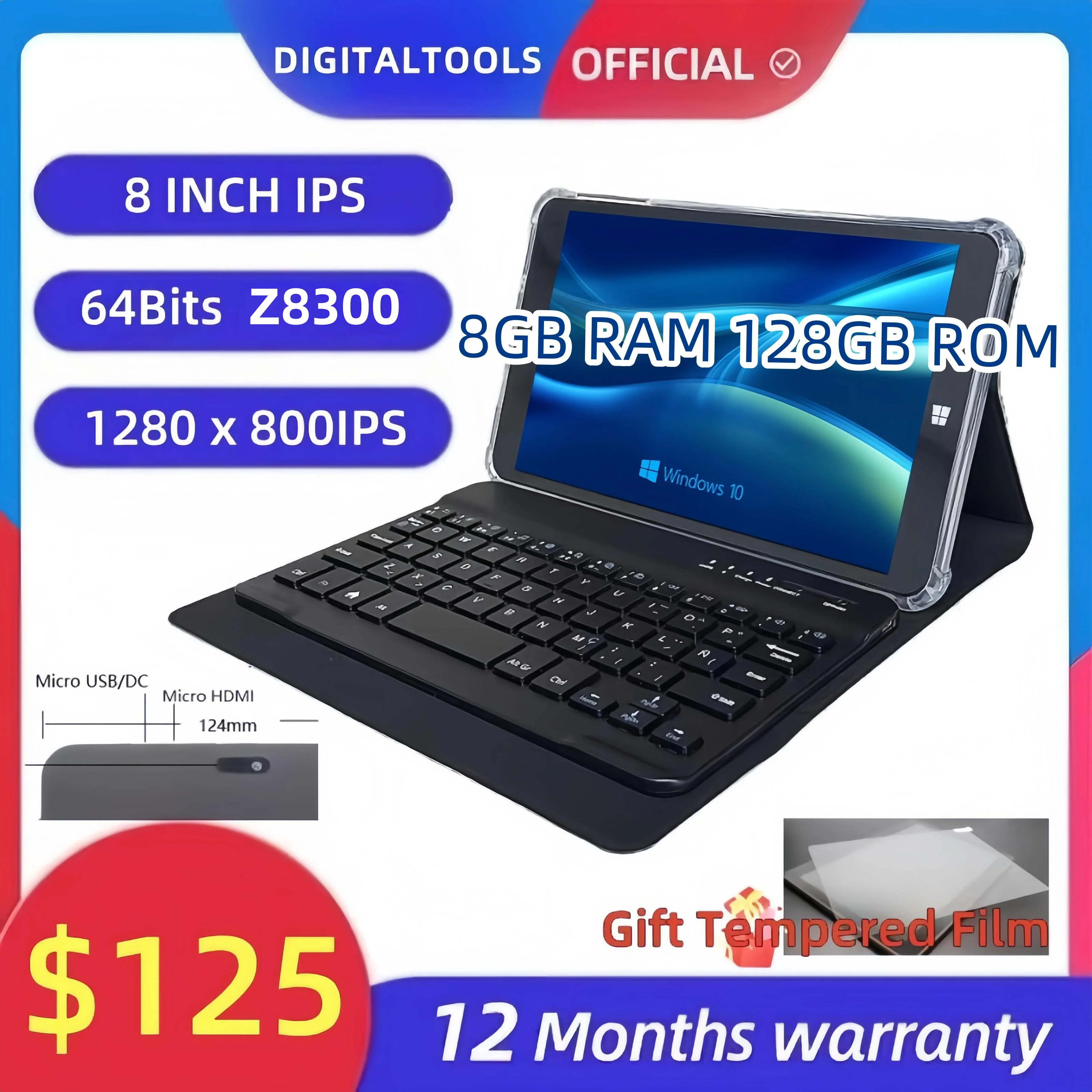 

8 INCH Windows 10 Mini Tablet PC 64Bits x5-Z8300 Quad Core 8GB RAM 128GB ROM HD-MI Port 1280 x 800IPS Dual Cameras Gift Tempered