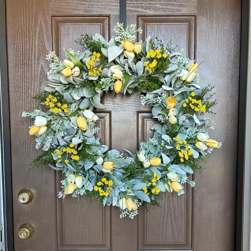 

45cm Yellow Tulip Wreath European Design Plastic Cloth and Non Woven Fabric for Living Room Bedroom Garden Decor