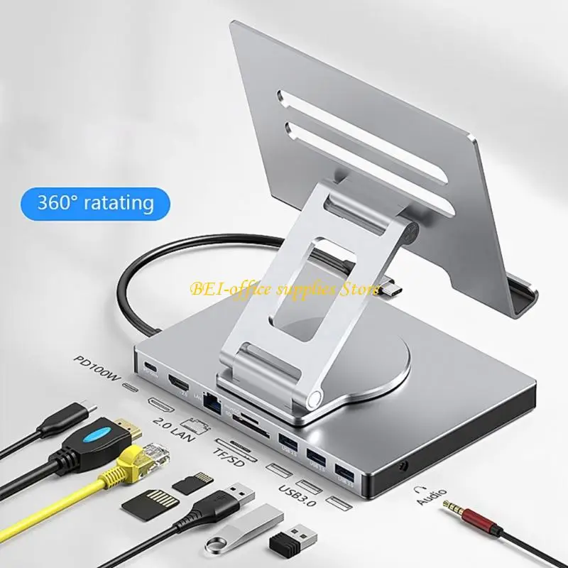 

9-in-1 USB C HUB Tablet Holder Docking Station 4K60Hz HDMI 1000Mbps Ethernet USB3.0 5Gbps Data Transfer PD100W for Tablet Phone