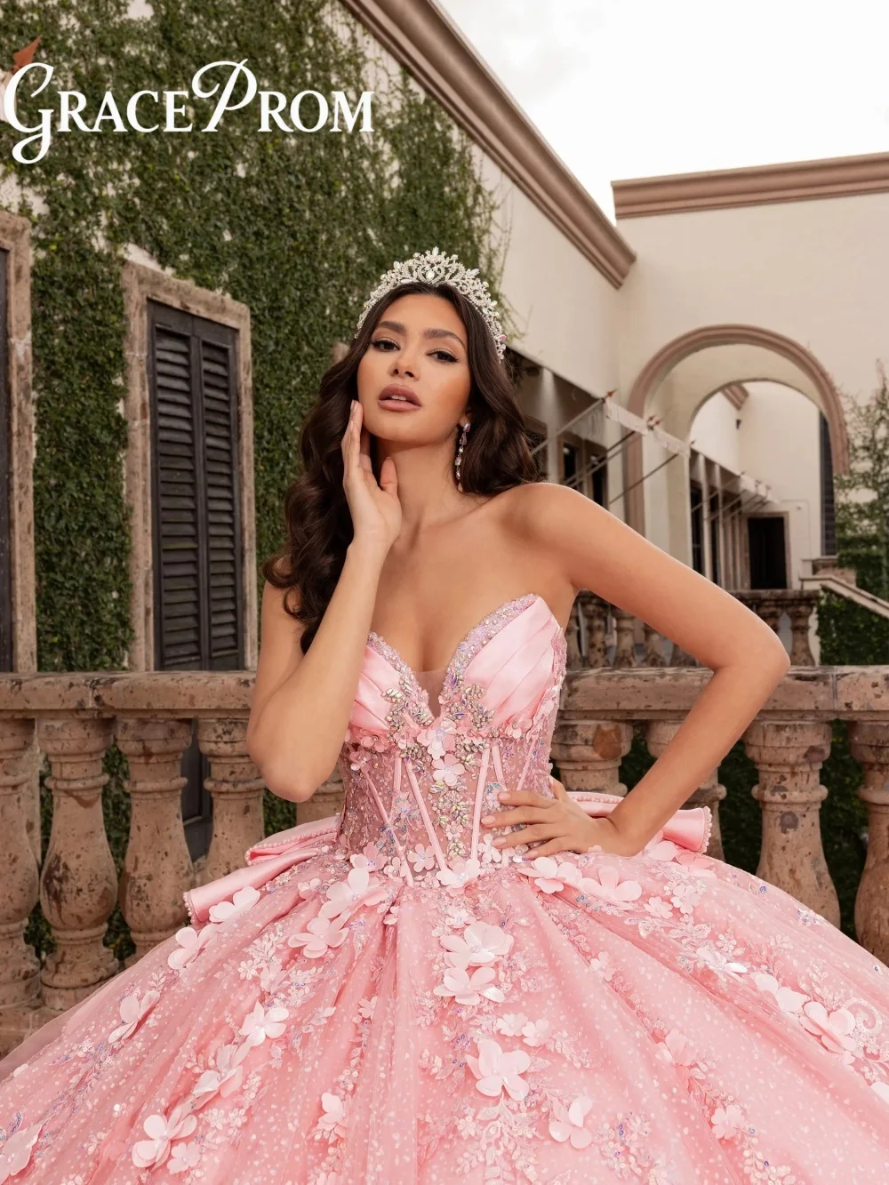 

Fancy Quinceanera Dresses For 15 Ans Heart Neck Puffy Flower Appliques Sparkly Pleat Robe Princesse Pastel Pink Femm Customized