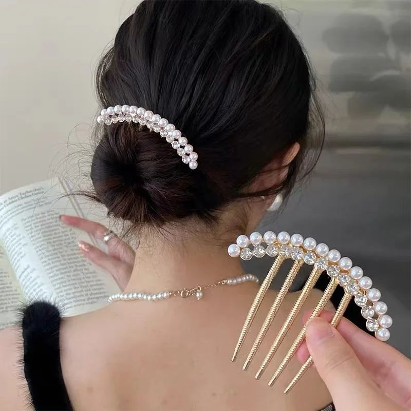 Pearl Water Diamond Metal Pan Hair Insert Comb Ball Head New Year Pan Hair Comb Hairpin Mother\'s Day Holiday Gift Hair Accessory