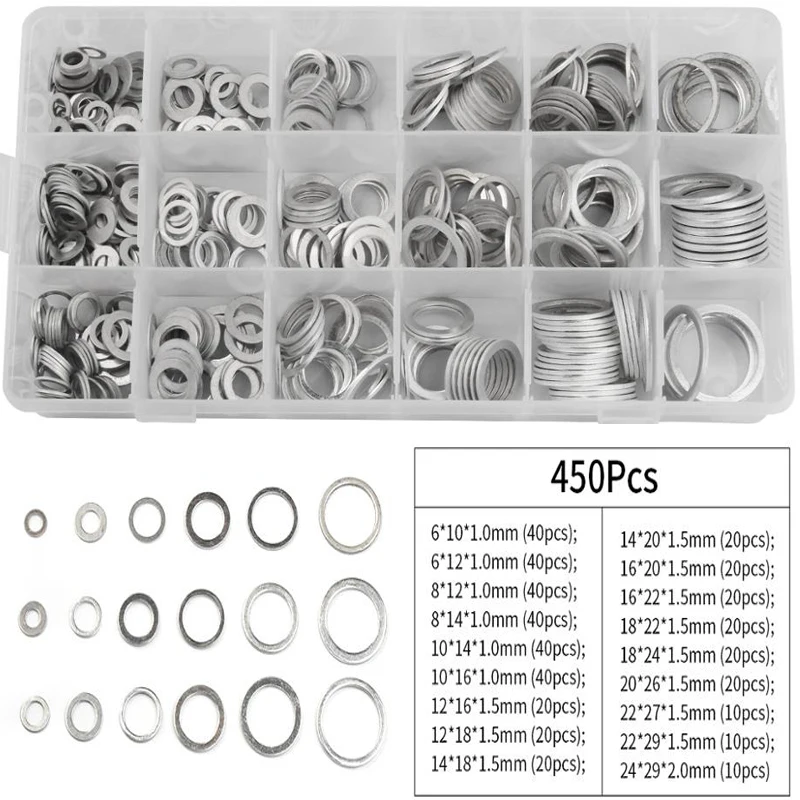 

450pcs Washer Automotive Oil Drain Plug Gaskets Aluminum Flat Washer Combination Kit M6 M8 M10 M12 M14 M16 M18 M20 M22 M24