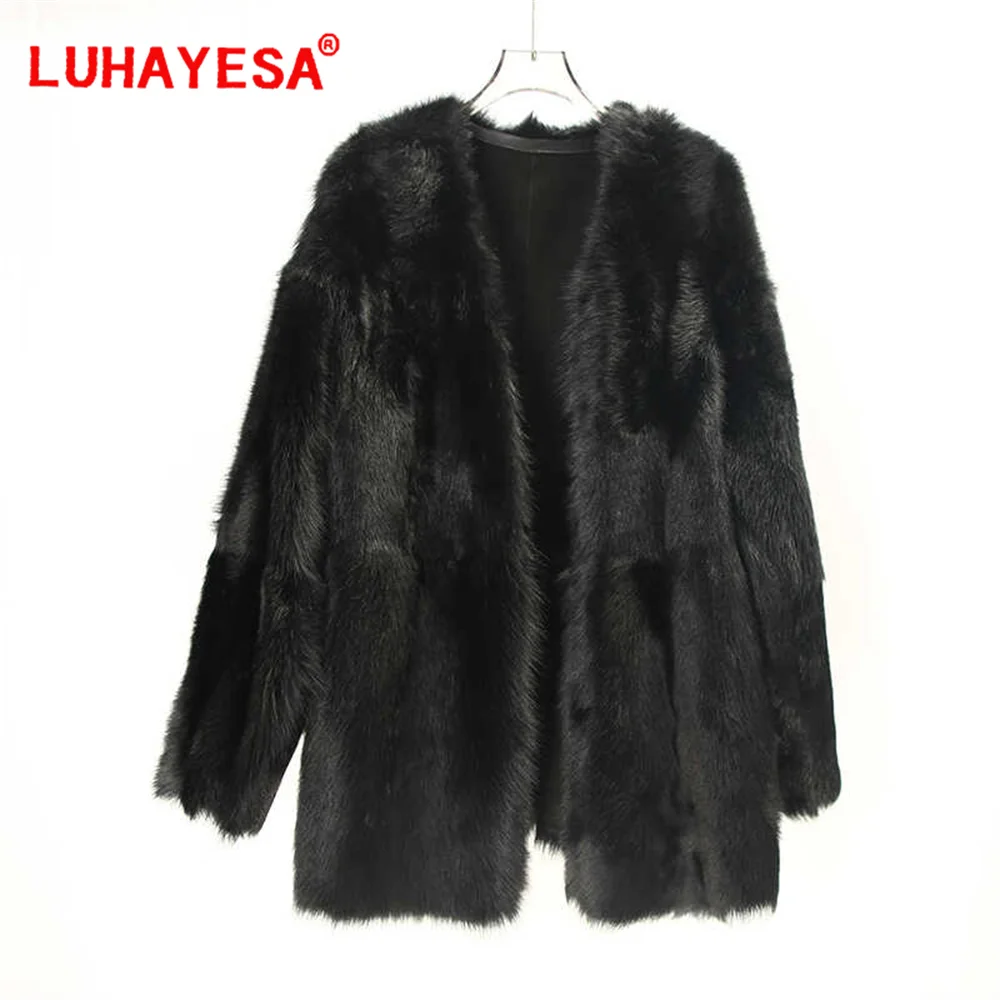 2024 Spain Tuscany Sheepskin Fur Shearling Clothing Women Black V Neck Medium Long Winter Warm Fur Coat