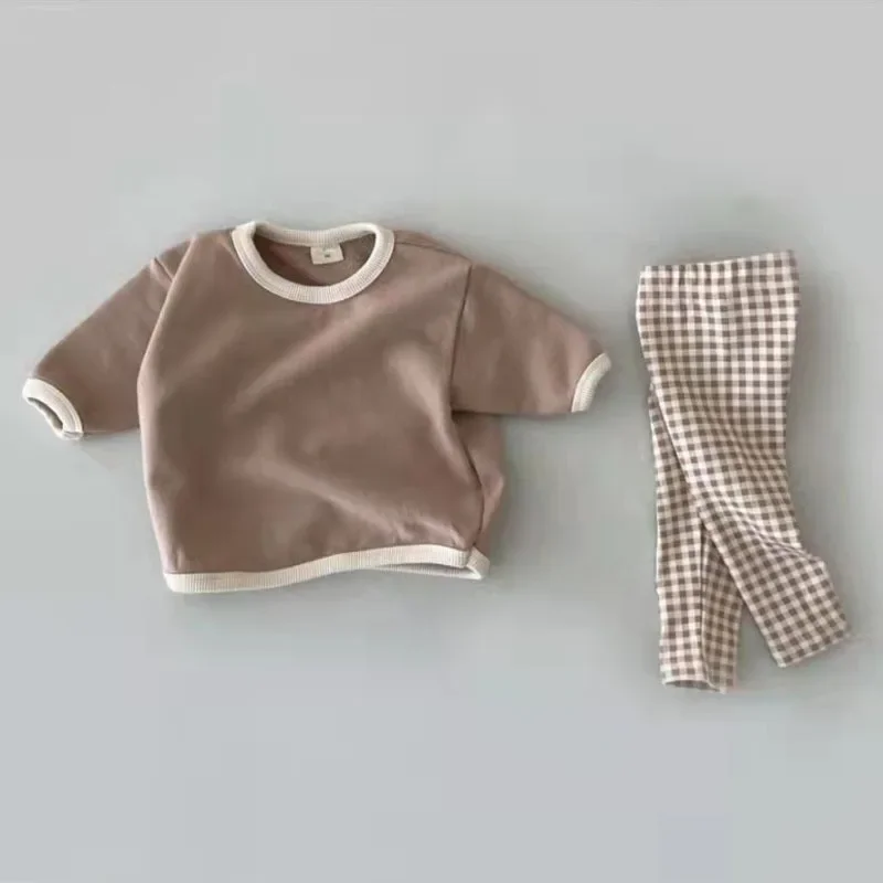 Haut à manches longues et pantalon à carreaux pour bébés garçons et filles, ensemble de pyjamas pour enfants, coton pour tout-petits, mode décontractée solide, nouveau, 2 pièces, 2022