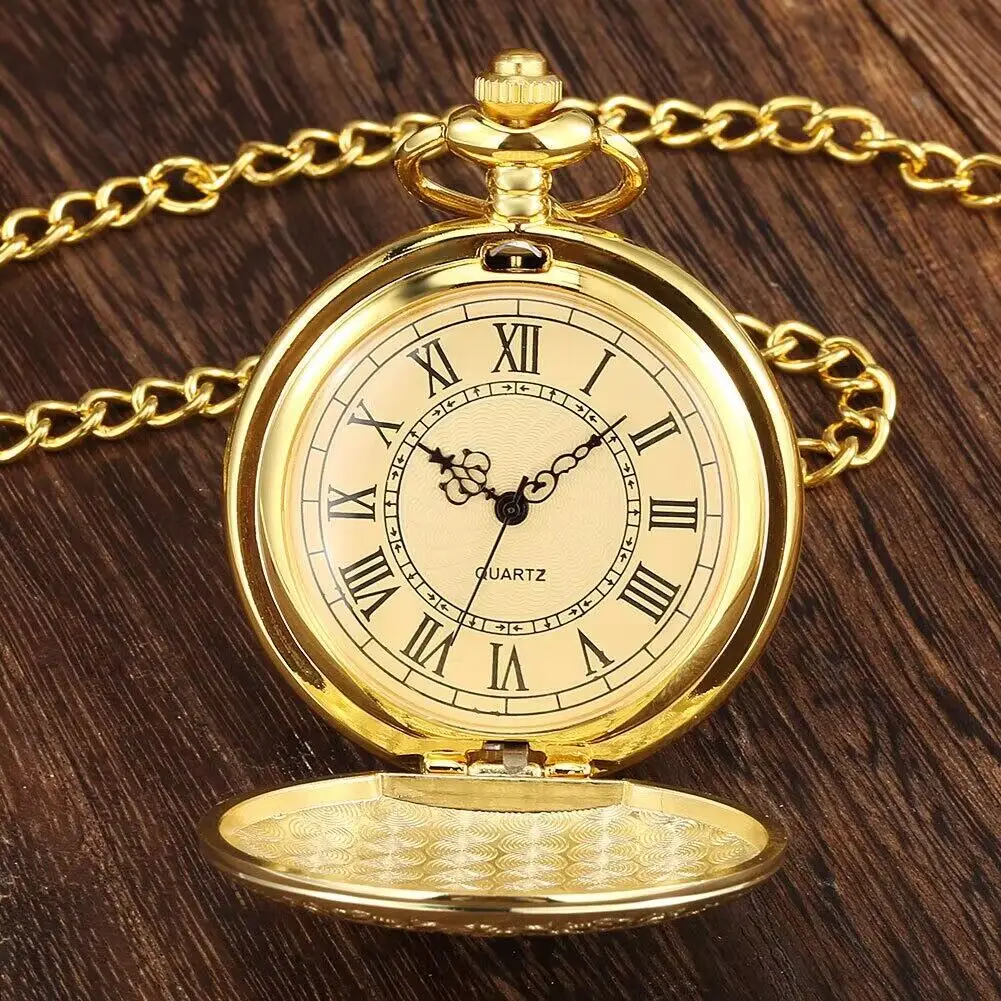 Carved Floral Rattan Shield Crown Pattern Pendant Steampunk Vintage Pocket Watch with Chain For Men Gift