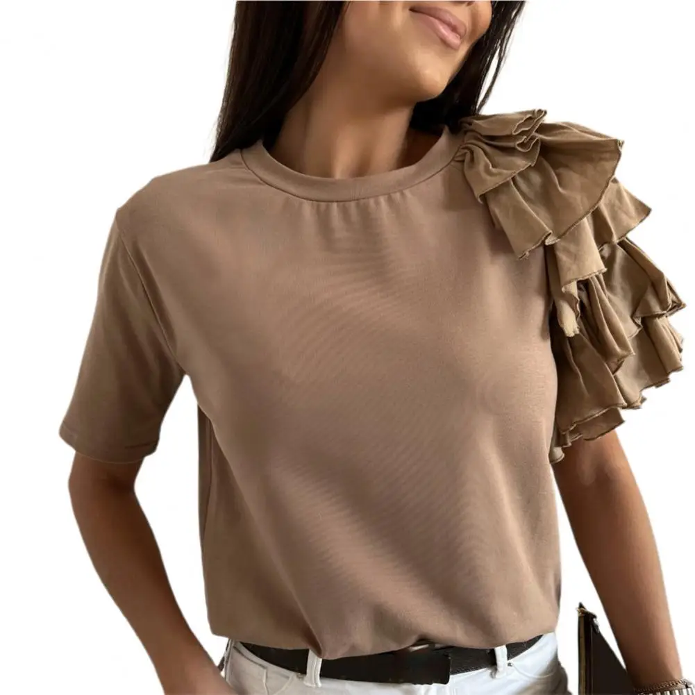 

2022 Fashion Women Blouse Solid Color Layered Ruffles Summer Crew Neck Pleats Casual Shirt Blouse Top Women Streetwear