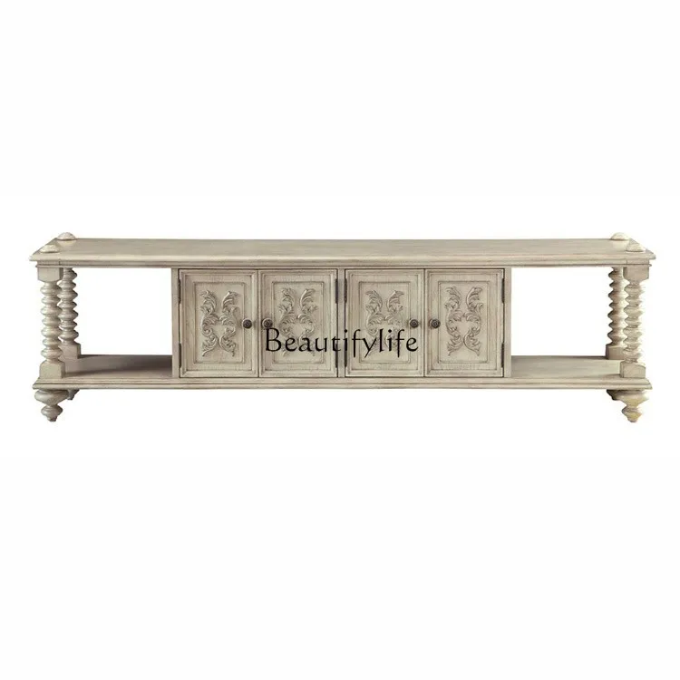

American country solid wood TV cabinet retro white hand-carved light luxury French