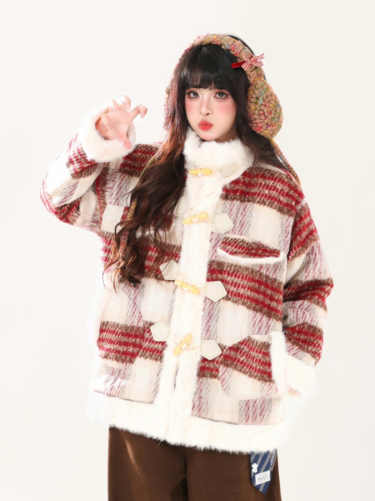 

Женское зимнее теплое свободное пальто ENJOG из хлопка с мехом ягненка, с ретро-пуговицами из дерева, красное, с длинными рукавами и воротником-стойкой