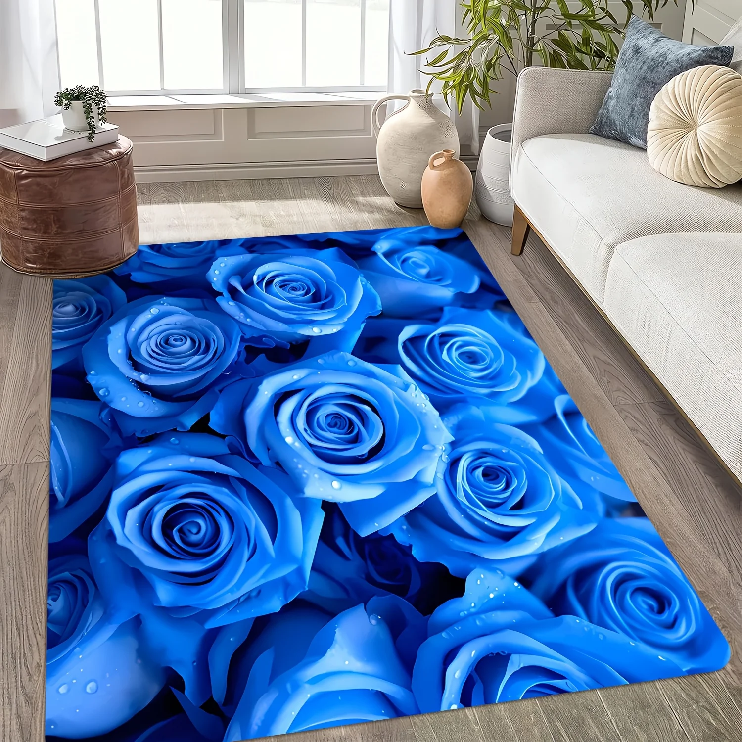 2D Flat Blue Rose Bouquet Flannel Area Rug Non Slip Romantic Floral Carpet for Living Room Bedroom Sofa Floor Decor