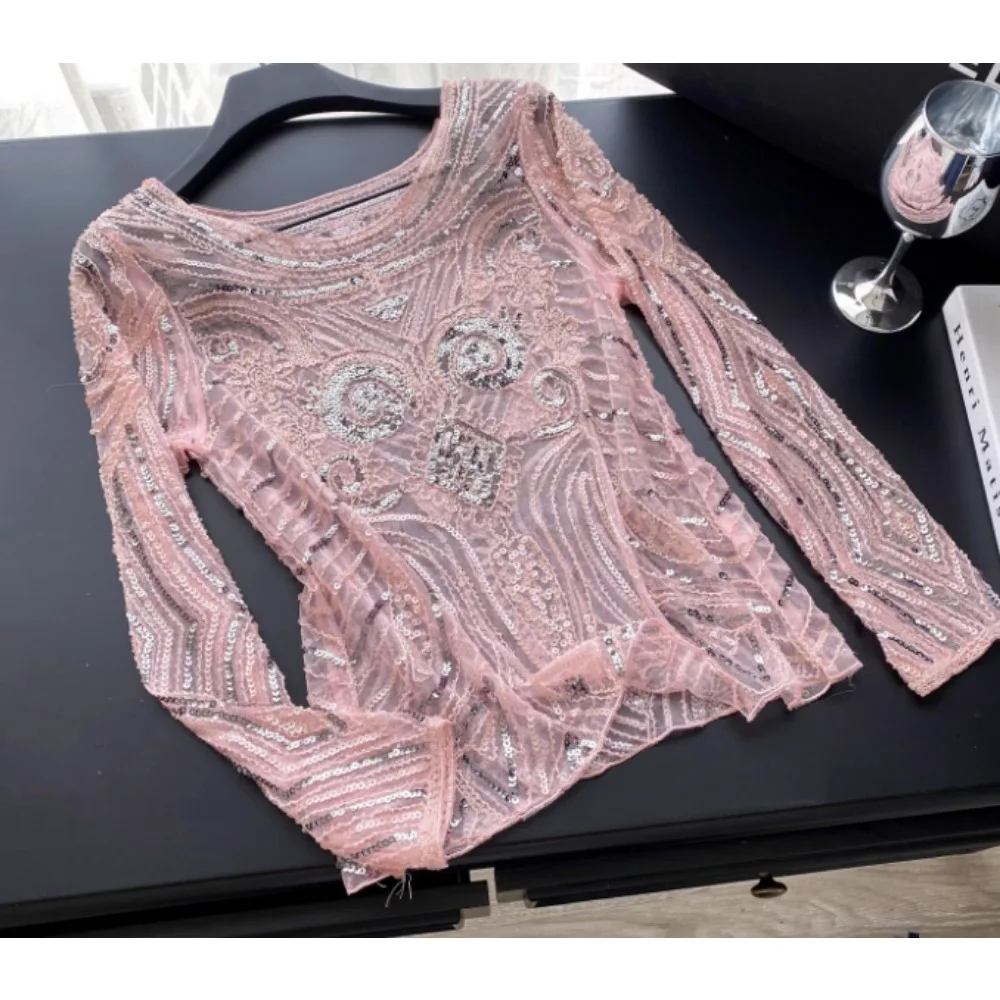 

Винтажная сетчатая тонкая свободная блузка с круглым вырезом и длинными рукавами, модная рубашка, шикарный топ, осенняя женская одежда феи