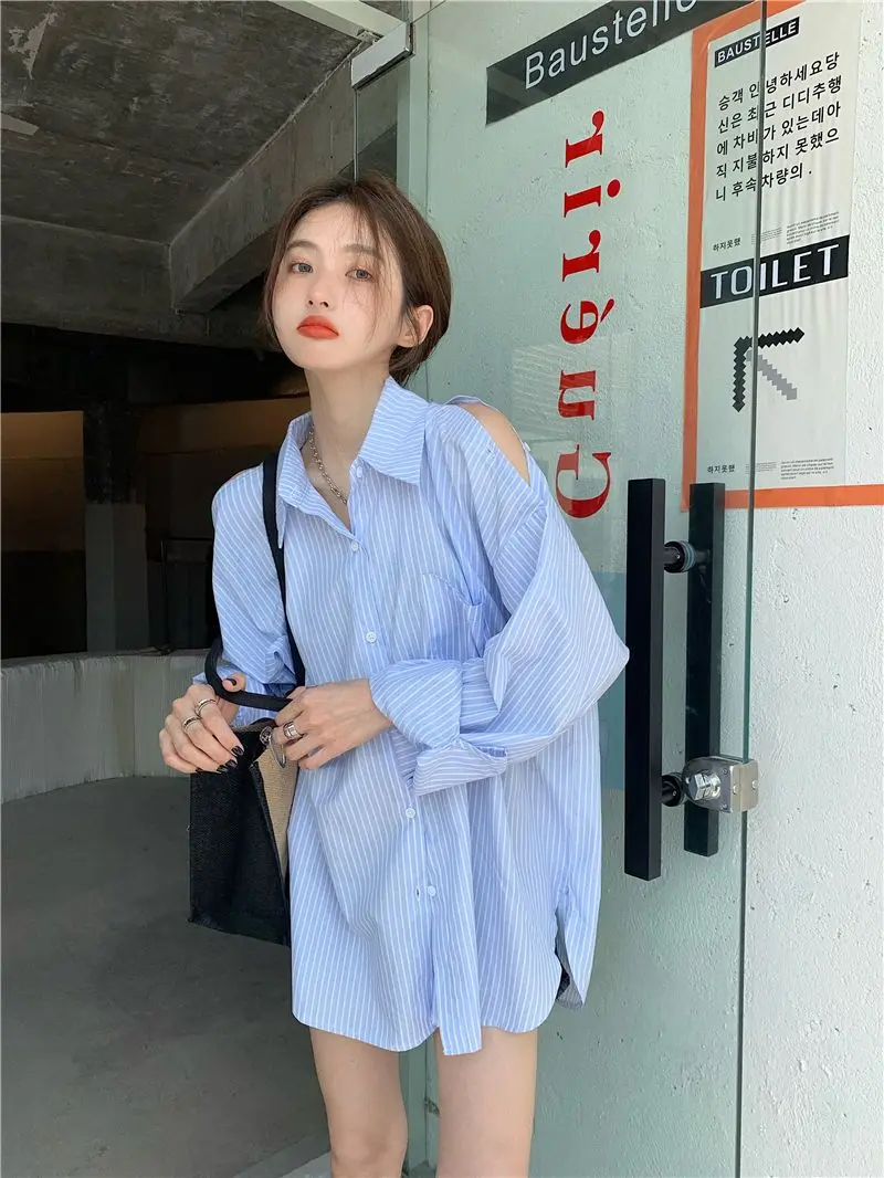 Off Shoulder Blue Striped Long Sleeve Women Chemise Femme Chic High Street Blouse Oversize Hollow Out Shirts Turn Down Collar