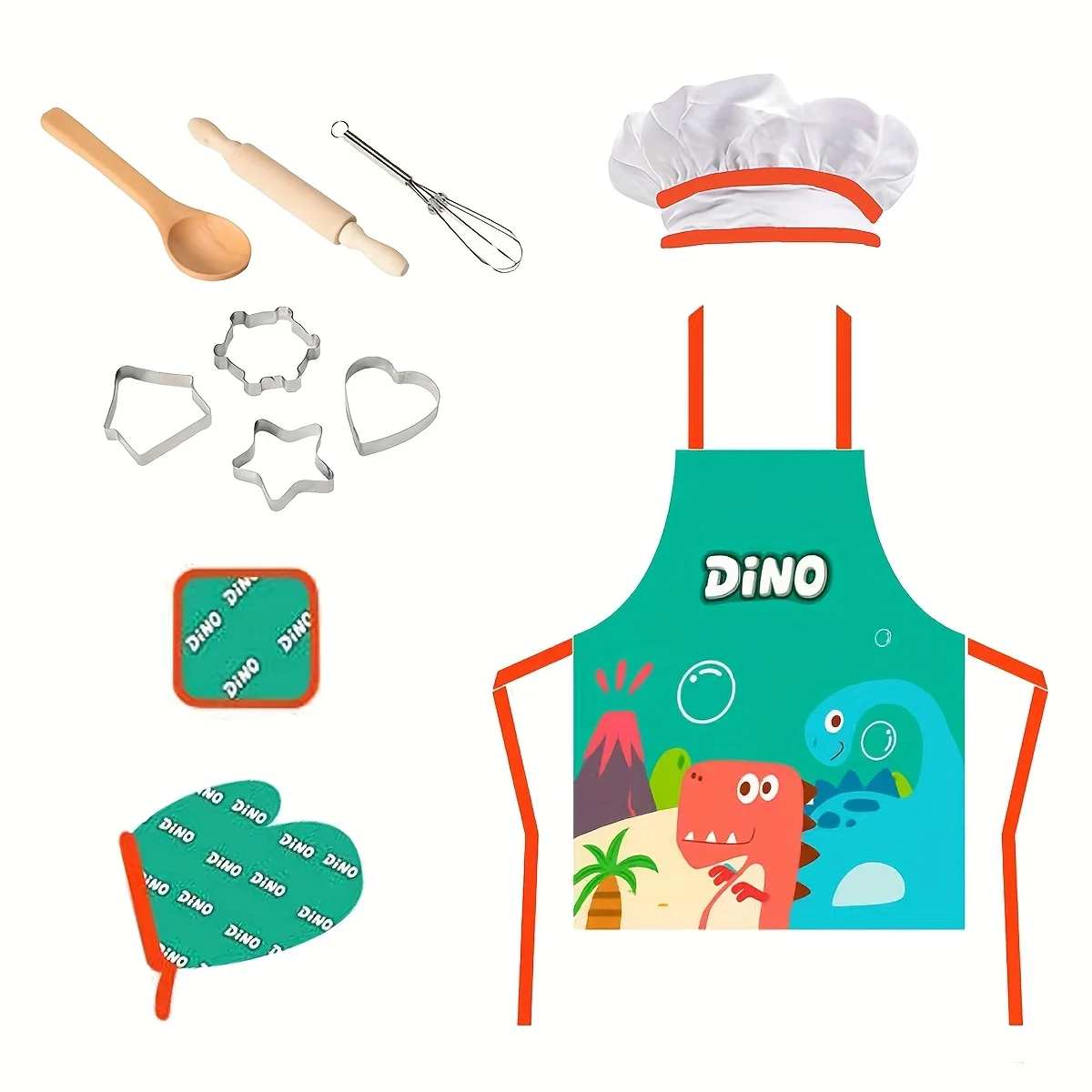かわいい漫画の恐竜エプロン、子供用エプロン、キッチンおもちゃ、ままごとクッキングセット、クリスマスや新年のギフトに最適