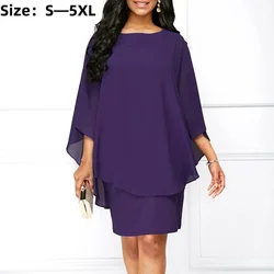 2024Women's Summer Casual Dress Solid Oversized Batwing Sleeve Hip Wrap Office Chiffon Shawl Fake Two Pieces Gown Dress Vestidos