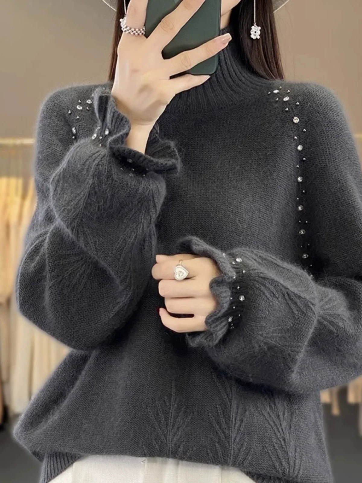 Heavy Embellied Loose Knitted Sweater Women's Autumn Winter High Collar Casual Inner Wear Comfortable Retro Sle Long S...