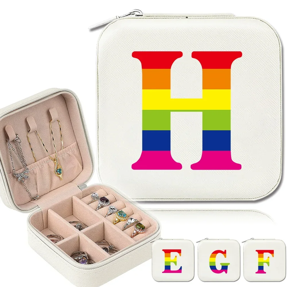 New Jewelry Storage Box Fashion Jewels Organizer Case for Women PU Leather Waterproof  Rainbow Letter Printing Pattern Series