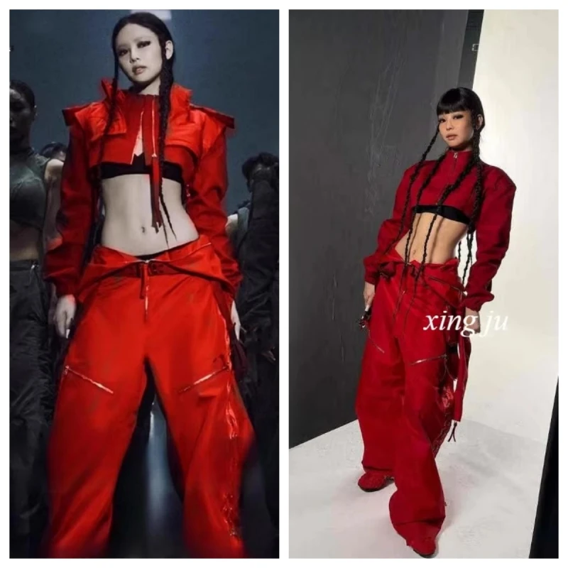 

Korean Women Singer Jazz Dance Costume Red Short Coat Sexy Black Vest Kpop Loose Jumpsuit Nightclub Dj Stage Performance Outfit
