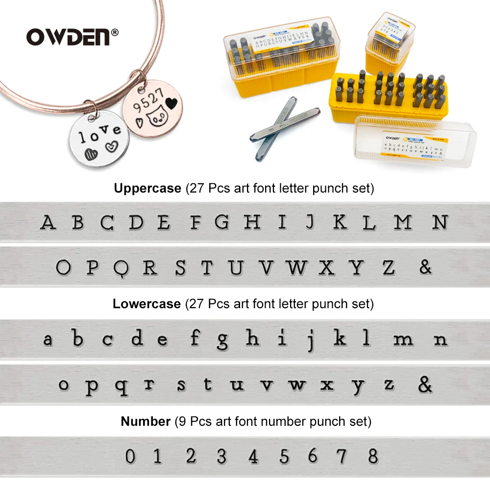 OWDEN 63pcs Jewelry Stamping Set 3mm Number And Letter Punch Tools puncher set + 3 in 1 hammer + Metal Steel Bench Block