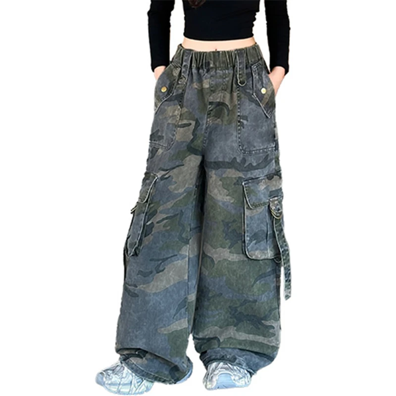 Kids Stylish Multi-Pocket Camouflage Cargo Pants American Child Girl Loose Casual Pants Harajuku Hip Hop y2k Trousers Age 5-14Y
