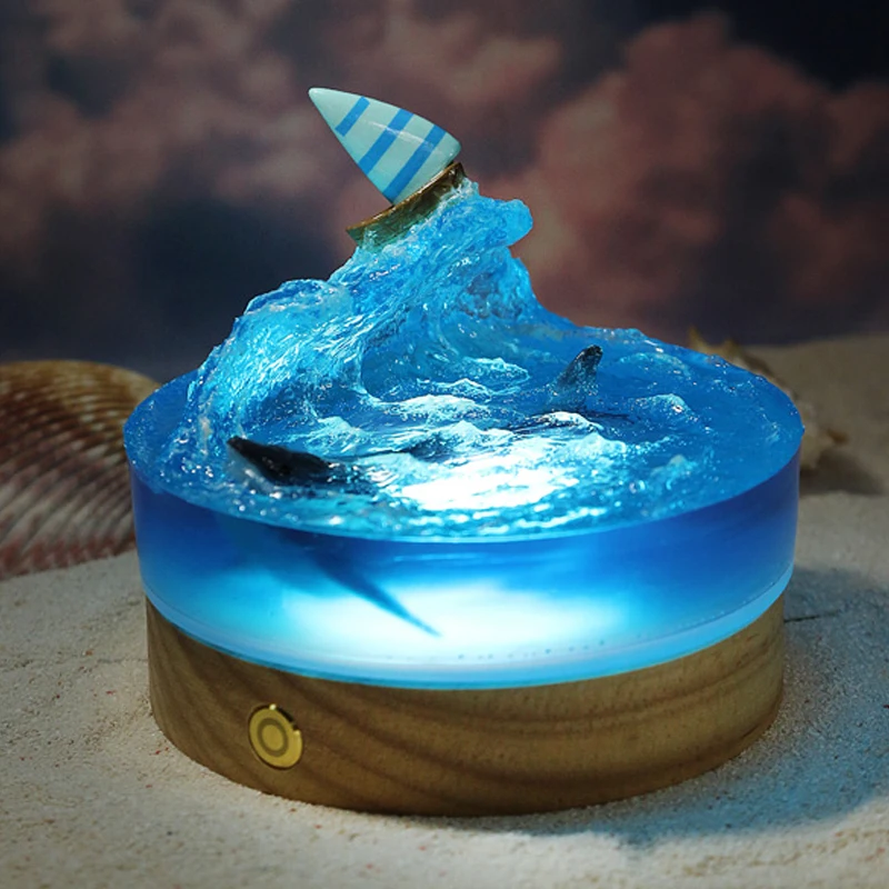 Ocean Adventure Theme Night Light, Resina Table Light, Arte Criativa Decoração, Veleiros Sea Wave, Shark Lamp Theme, USB Charge