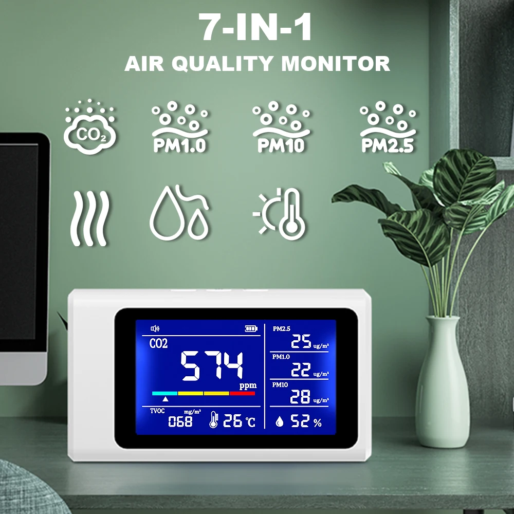 Real-time Monitoring and Alarm 7-in-1 Air Quality  Measure CO2 PM2.5 PM1.0 PM10 TVOC Temperature Humidity Detector Teste