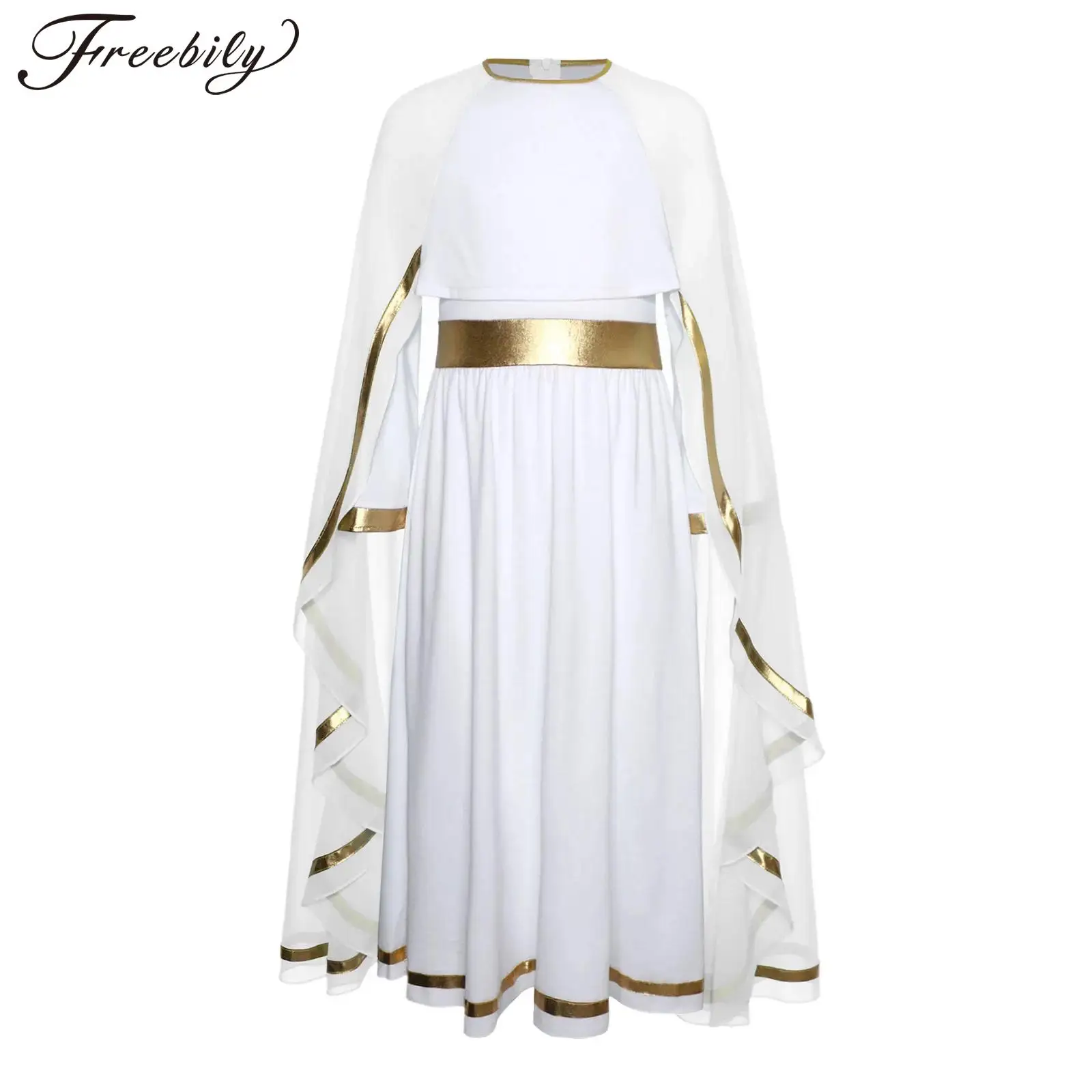 Kids Girls Virgin Mary Costume Halloween Party Ancient Greek Roman Goddesses Toga Cosplay Fancy Dress Up Long Sleeve Cape Dress