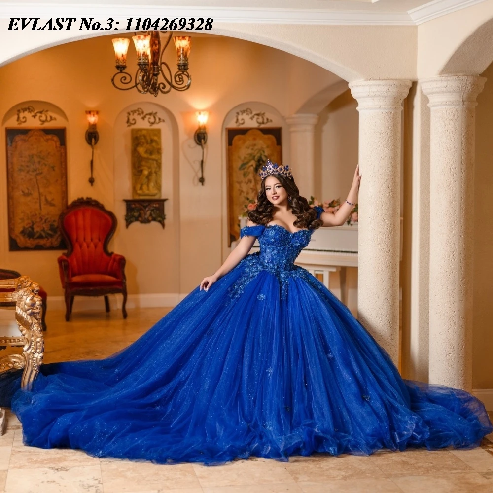 

EVLAST индивидуальное платье Royal Blue Quinceanera 2025 года, бальное платье с кружевной аппликацией и бисером, корсет Sweet 16, Vestidos De 15 Anos E3Q791