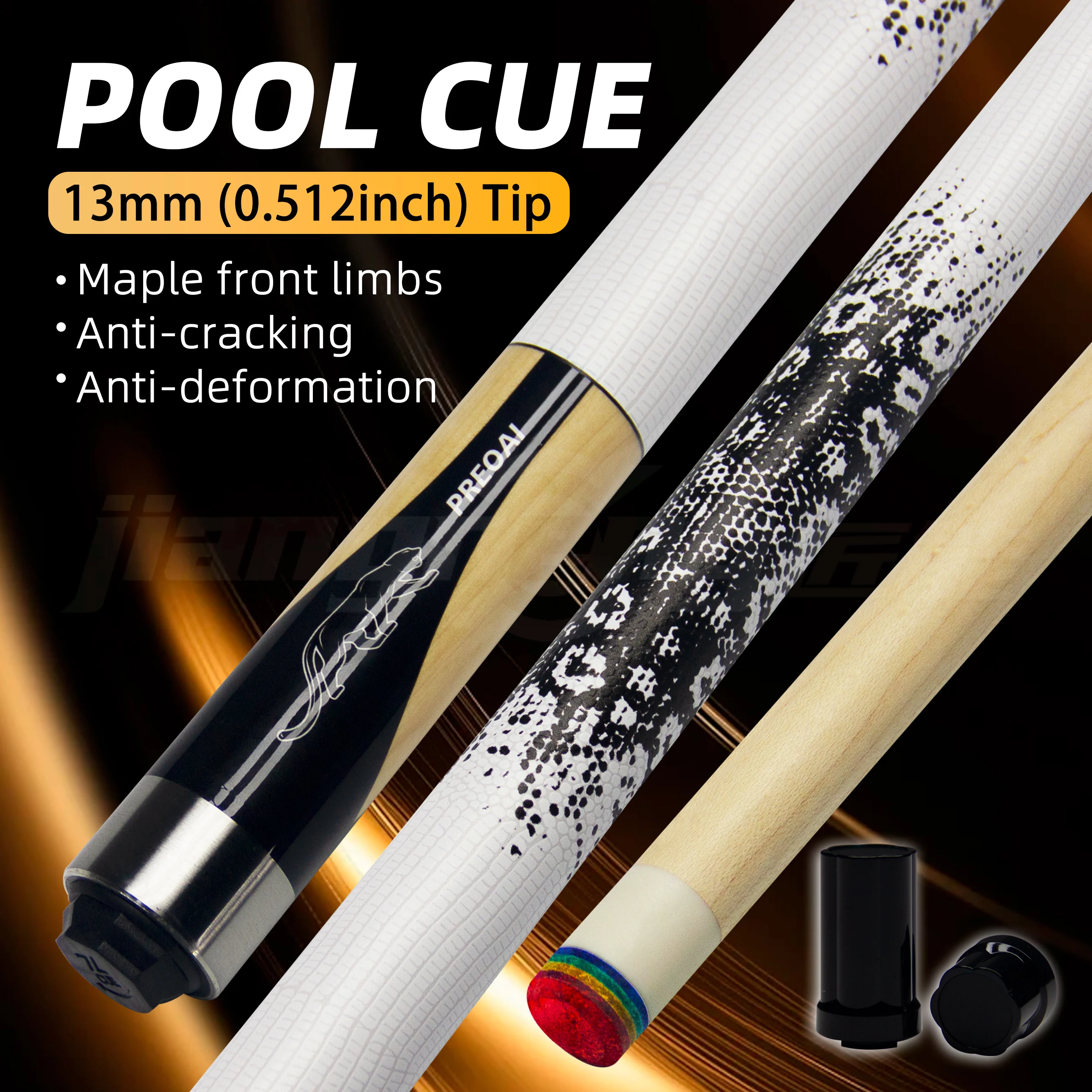 

58.50in Professional Canadian Maple Wood Billiard Pool Cue Bag Set Leopard Skin Leather Grip 13mm Enhanced Friction Caron 9 Ball