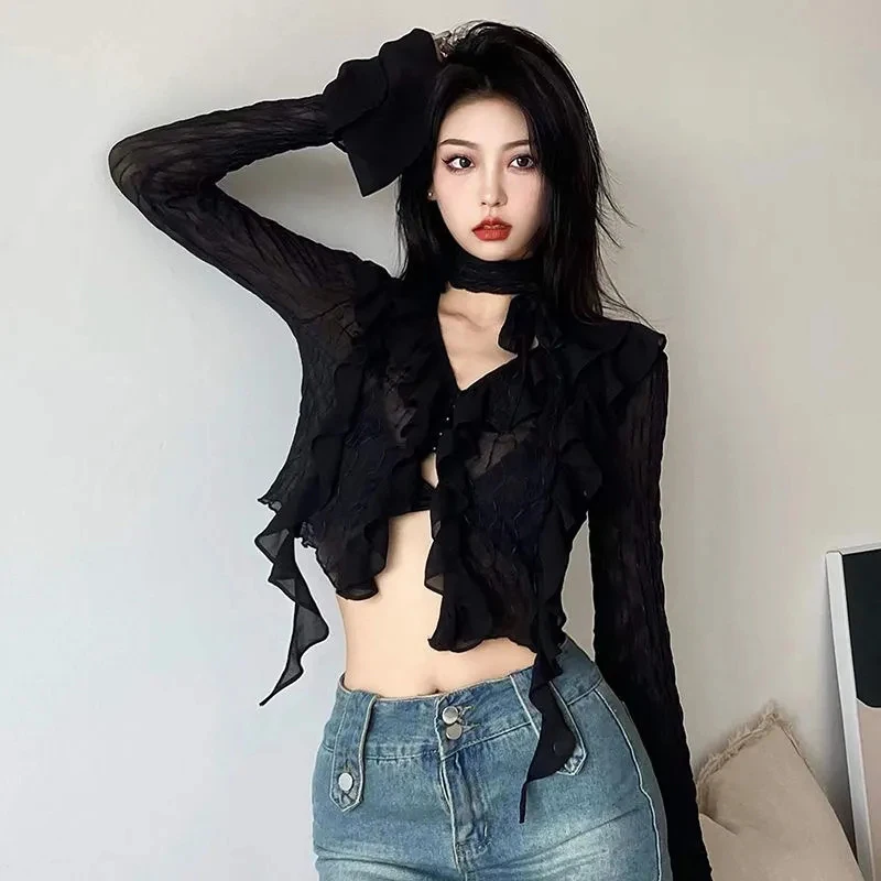 Zoki Dark Academic Mesh Y2k Blouse Women Sexy Cropped V Neck Ruffles Shirt Harajuku Vintage Long Sleeve Slim See Through Tops