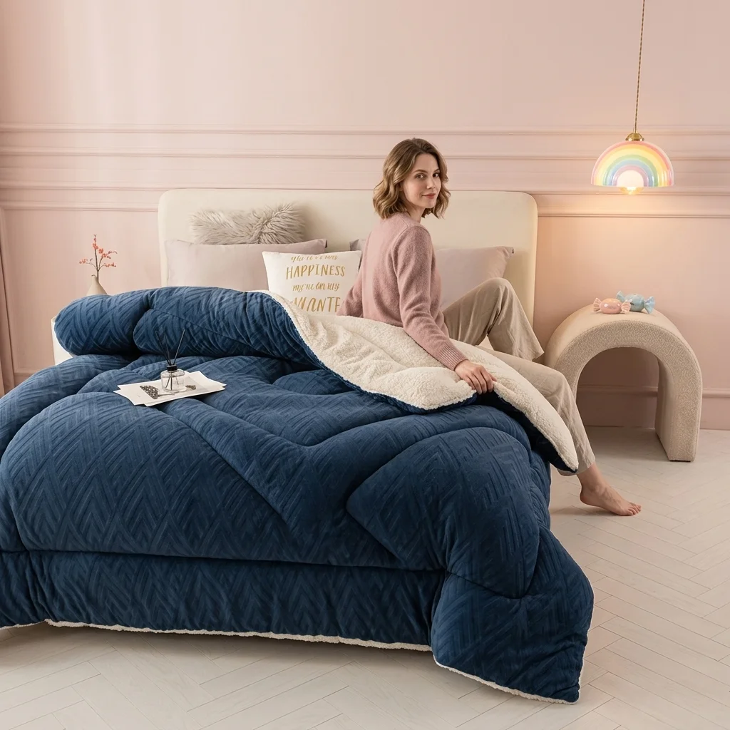 Winter Cut Pile Velvet Thick Quilt: A Warm  Soft  And Comfortable Blanket Suitable for All Four Seasons. Available In 5 Sizes Ranging From Single to King  It Features A Geometric Stripe Pattern Design And Is Machine-washable.