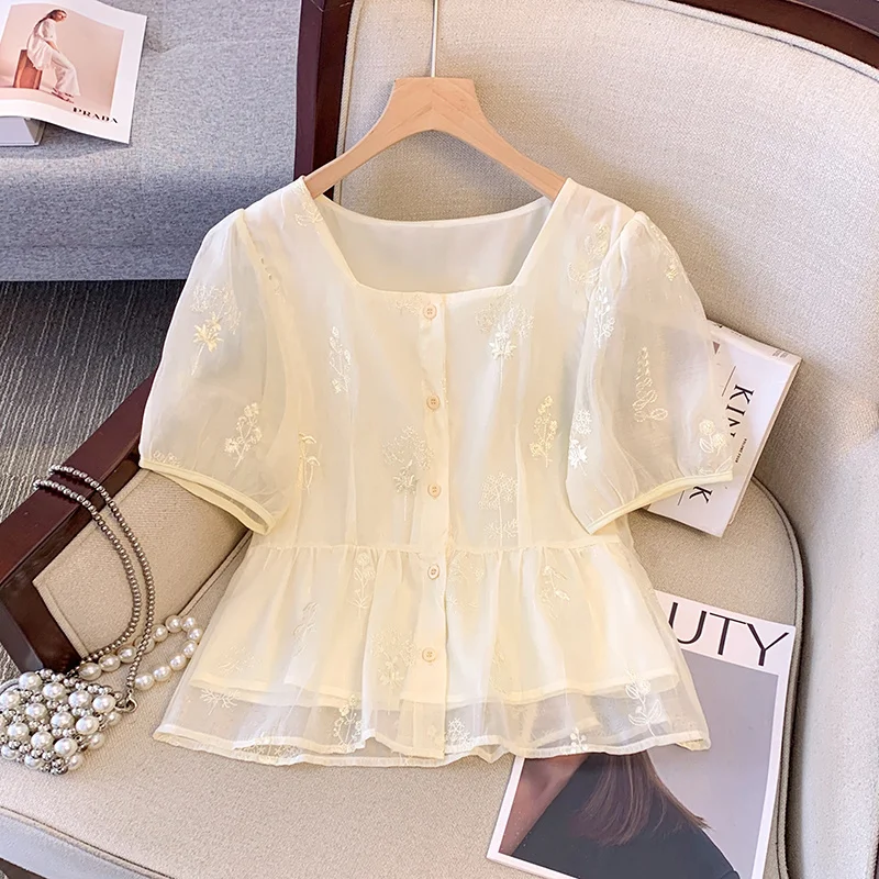 

Рубашки с коротким рукавом, женские художественные сетчатые лоскутные блузки с граффити, отложной воротник в горошек, рукав-колокольчик, свободный крой, современный топ