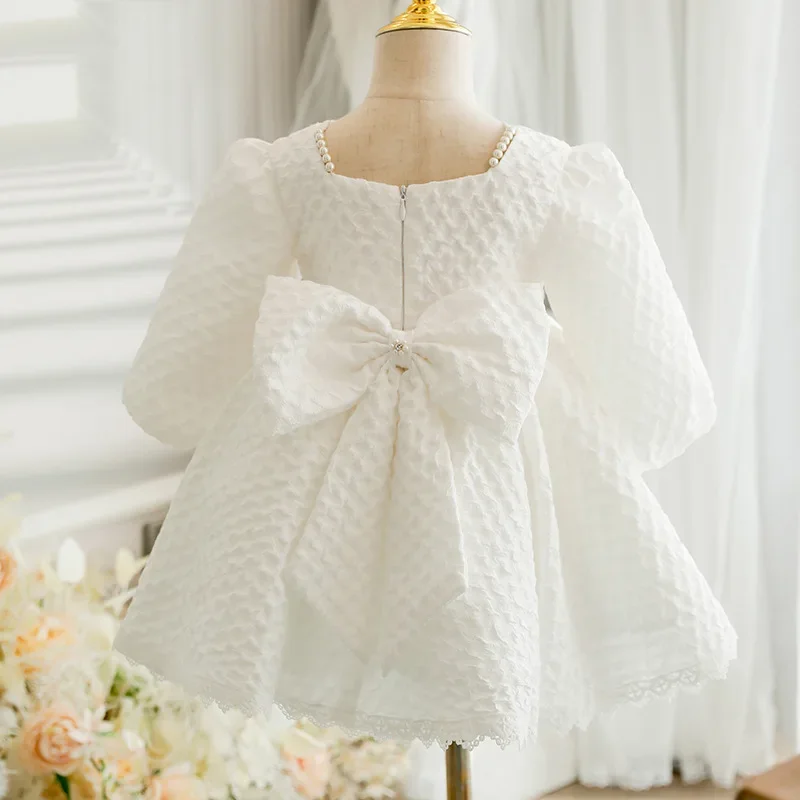 Customized Square Collar Beading Design Flower Girls Dress Elegant Long Sleeve Ball Gown Kid Birthday Dresses Slim Solid Tempera