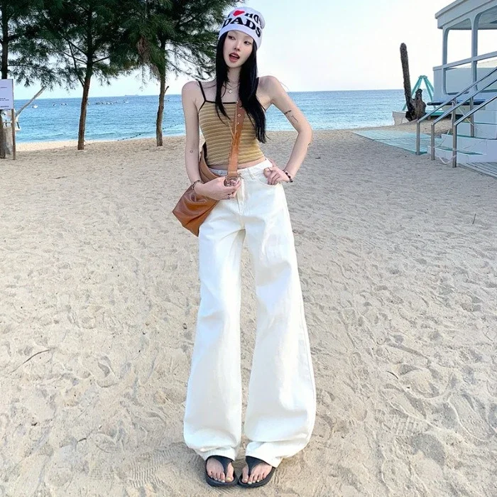 2025 아메리칸 레트로 심플 와이드 레그 진, 여성용 사계절 신상 패션 편안한 루즈핏 캐주얼 롱진