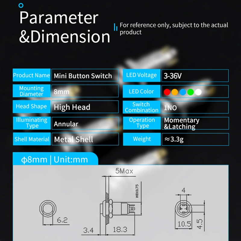 8mm Mini Colored Waterproof Metal Push Button Switch LED Light Self-locking/self Resetting
