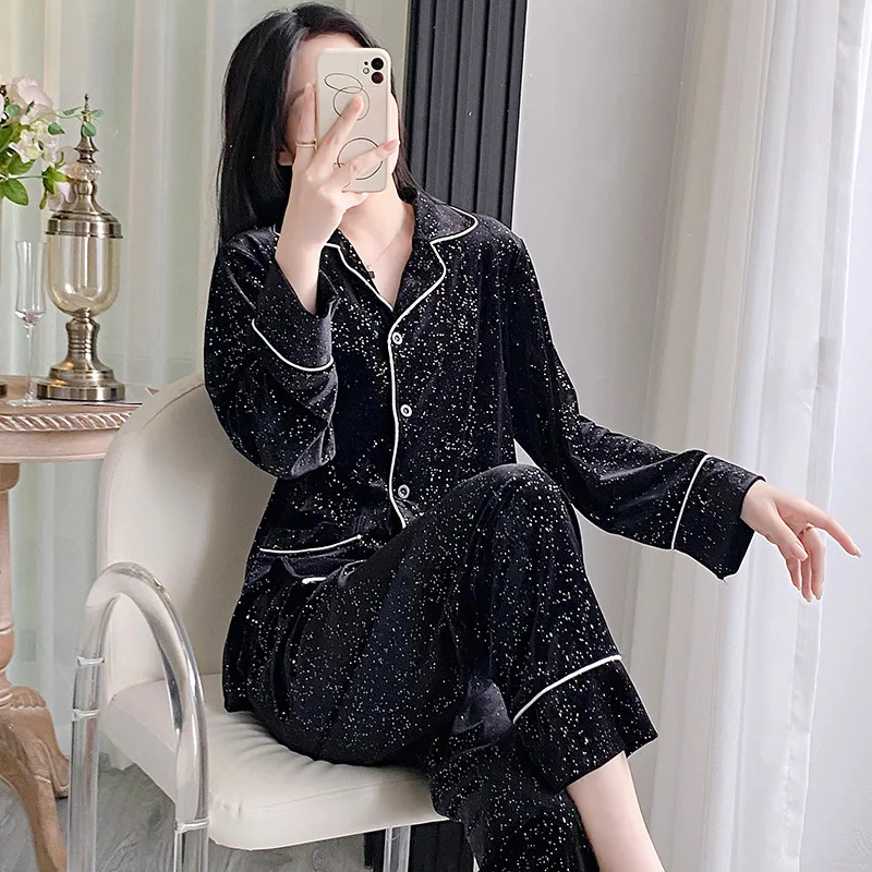 Zwart Fluwelen Lange Mouwen Broekpakken Herfst Winter Dames Pyjama Set Pyjama Pour Femme Velour Losse Casual Homewear Loungewear